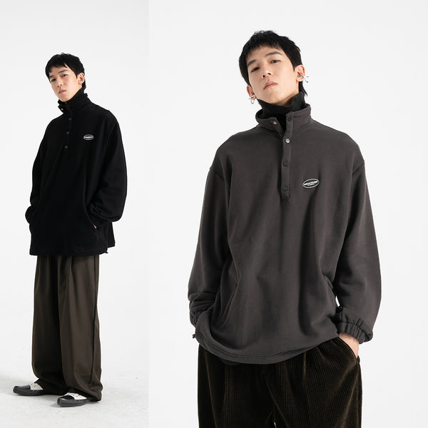 Suéter Retro Holgado con Cuello Mao y Forro de Velour