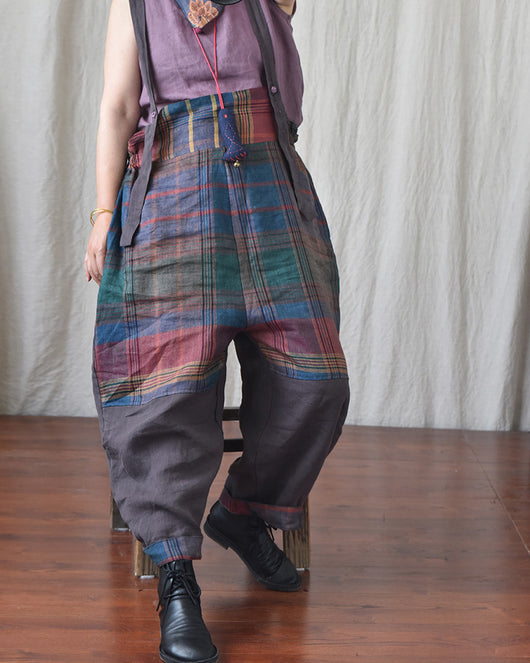 Pantalones de Lino con Tirantes y Patchwork Moderno - Image 18