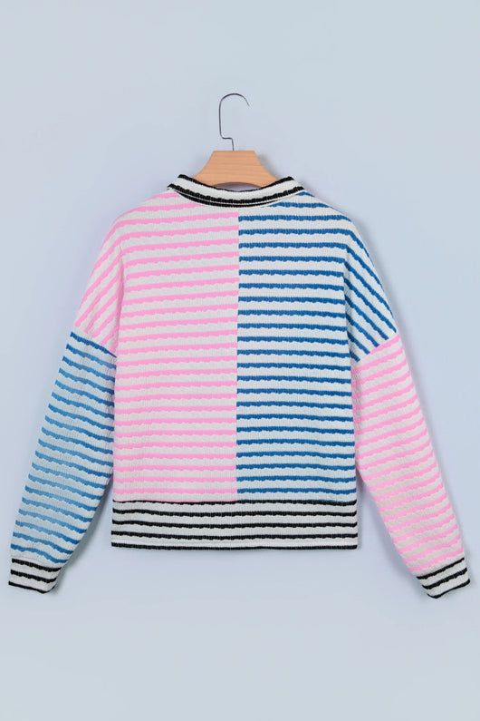 Blusa Oversized Patchwork a Rayas Multicolor con Hombro Caído - Image 7