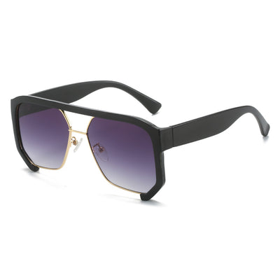 Black frame large rim hip hop sunglasses with gradient purple lenses and a gold-tone double bridge. - Image 6