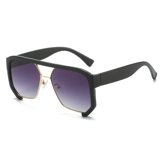 Black frame large rim hip hop sunglasses with gradient purple lenses and a gold-tone double bridge. - Image 6