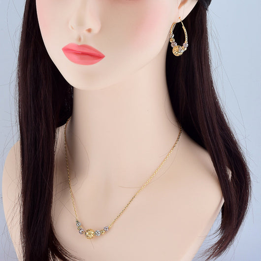 Multicolor cutout round beads necklace and matching hoop earrings set with gold, silver, and purple beads. - Image 8