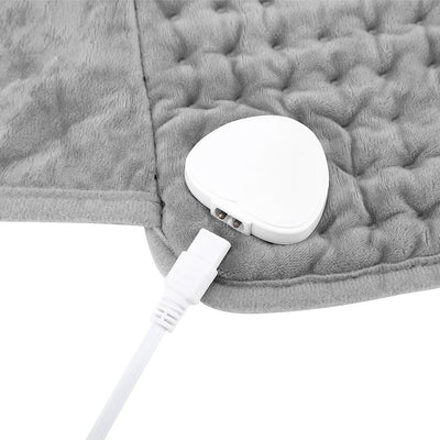 Gray quilted waist heating belt with an adjustable strap, wired remote control, and power plug, shown with its box. - Image 8