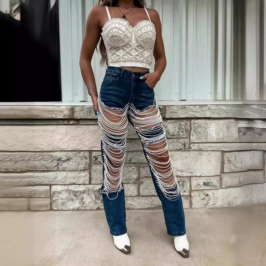 Pantalones Rectos con Adornos de Cadena de Cuentas