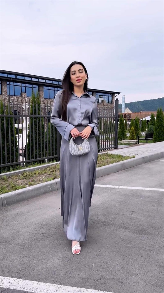 Conjunto de Falda y Blusa de Satén Elegante con Mangas Largas - Image 10