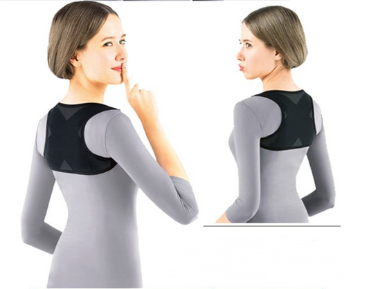 Woman wearing a black posture correction belt with criss-cross back design over a grey shirt, adjusting the strap. - Image 2