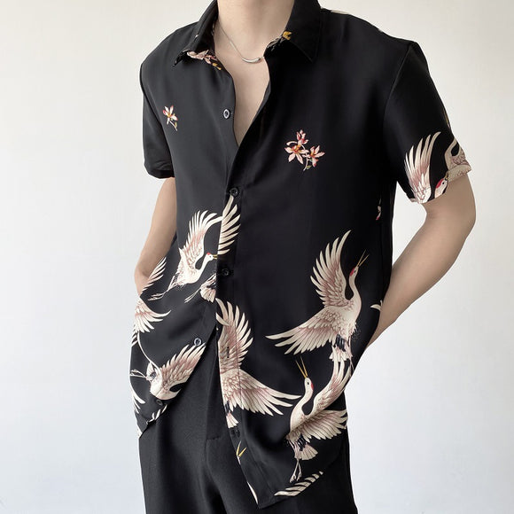 Camisa Retro Estilo Chino con Grúa para Hombre - Manga Corta Verano