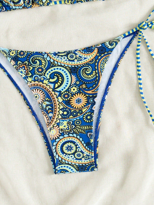 Female creative minimally printed split bikini set with a vibrant bohemian pattern and tie-side bottoms. - Image 14