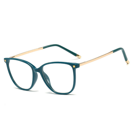 Black full-frame blue light blocking glasses with gold-colored metal temples on a white background. - Image 12