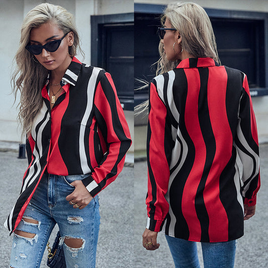 Blusa Rayada Roja con Solapa para Mujer - Manga Larga