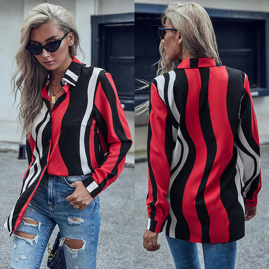Blusa Rayada Roja con Solapa para Mujer - Manga Larga