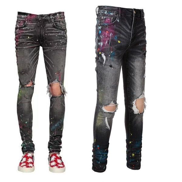 Jeans Gris Stretch Vintage con Efecto Pintura Desgastada para Hombre