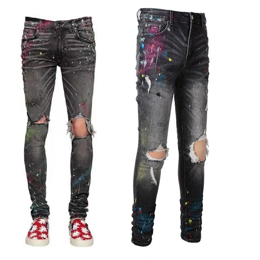 Jeans Gris Stretch Vintage con Efecto Pintura Desgastada para Hombre
