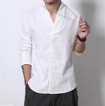 Camisa Lino Manga Larga Estilo Chino Retro para Hombre - Image 4