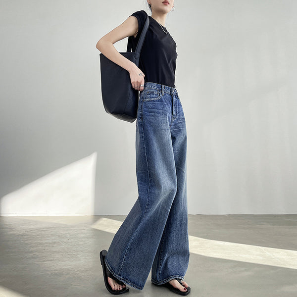 Jeans Azul Claro Cintura Alta Pierna Ancha Mujer Corte Recto