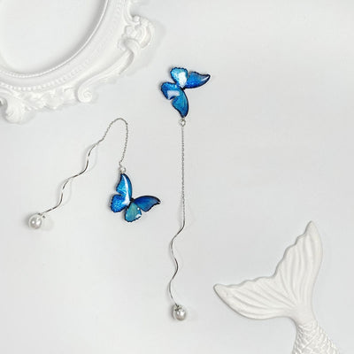Hilo de Oreja Mariposa Azul en Plata de Ley S925 con Perla Larga - Image 10