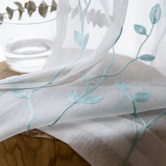 Sheer white curtains with a delicate brown leafy vine pattern, offering light transmission for a pastoral style room. - Image 11
