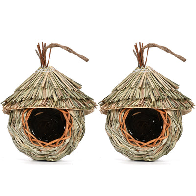 Handmade hanging bird nest crafted from natural grass and wicker, featuring a thatched roof and a round entrance. - Image 6
