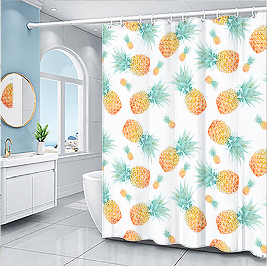 Light blue shower curtain with a repeating pattern of yellow pineapples and light green tops. - Image 8