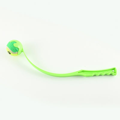 Pink pet throwing cue with a yellow and orange tennis ball, designed for outdoor dog training and play. - Image 14