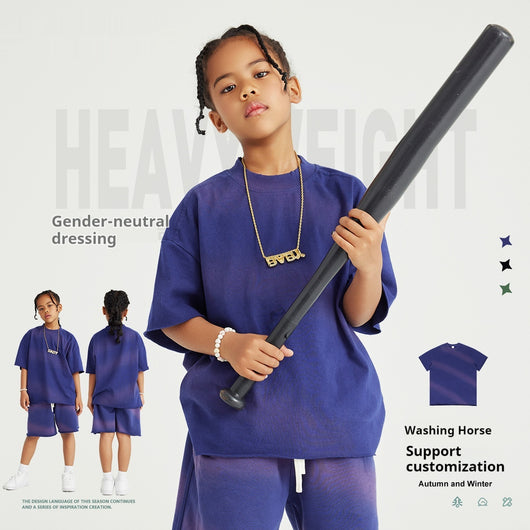 Camiseta de Algodón Puro Estilo Retro Americano con Degradado para Niños y Niñas - Image 2