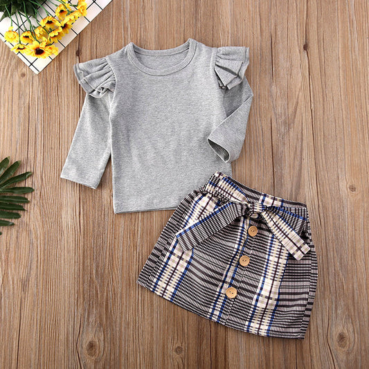 Conjunto Infantil 2 Piezas: Blusa Plisada Manga Larga + Falda a Cuadros