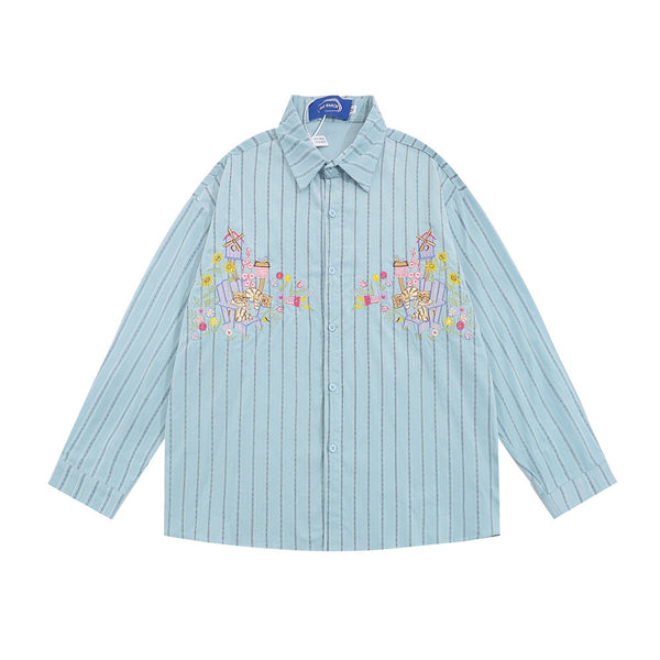 Camisa Casual de Rayas Verticales con Bordados Estilo Street American