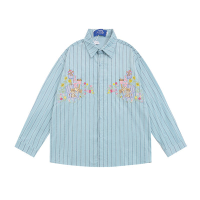 Camisa Casual de Rayas Verticales con Bordados Estilo Street American