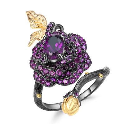 Anillo Ajustable de Plata con Amatista y Guirnalda de Rosas - Image 5