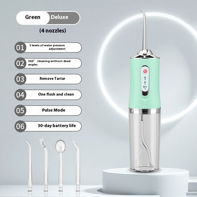Pink portable electric oral irrigator with clear water tank and four nozzles, highlighting adjustable pressure and pulse mode. - Image 7