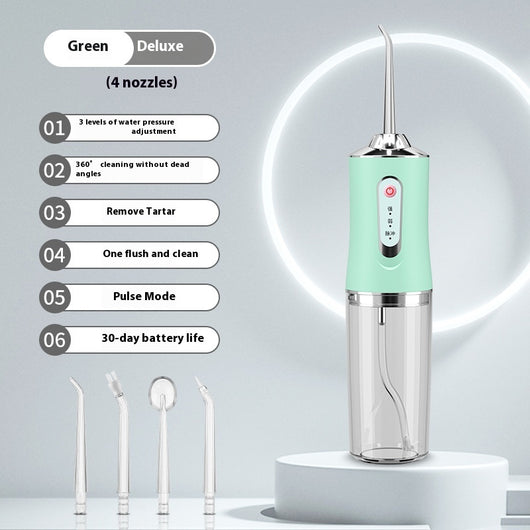 Pink portable electric oral irrigator with clear water tank and four nozzles, highlighting adjustable pressure and pulse mode. - Image 7