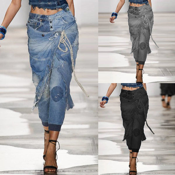 Pantalones Vaqueros Ajustados Rotos con Cordones - Diseño Trendy Talla Grande