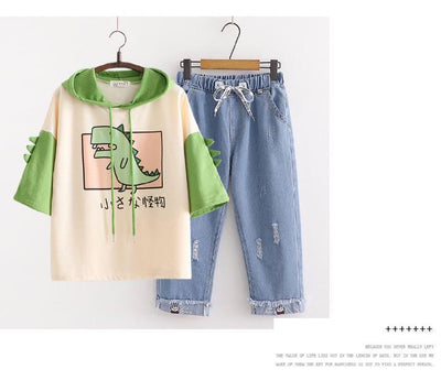 Conjunto Casual de Dos Piezas: Sudadera con Capucha y Pantalón Denim Cropped - Image 8