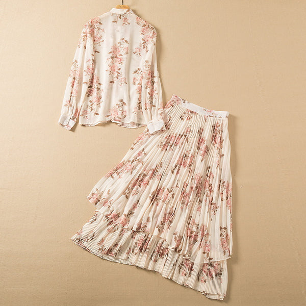 Conjunto Elegante: Blusa Anudada Manga Larga con Falda Plisada