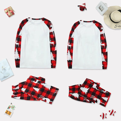 Family matching Christmas pajamas with red and black buffalo plaid, white reindeer, and Christmas tree prints. - Image 12