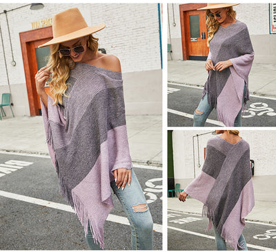 Poncho Suéter Abrigo con Contraste de Colores - Image 13