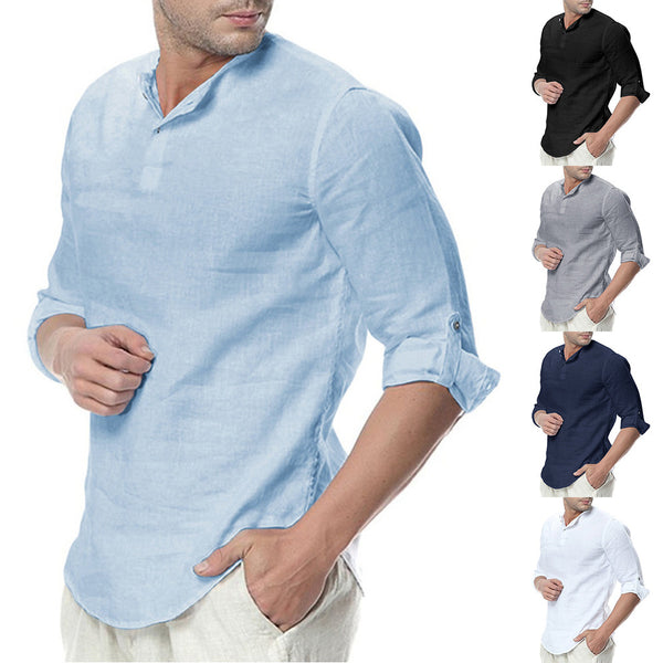 Camisa de Lino y Algodón con Cuello Mao de Manga Larga