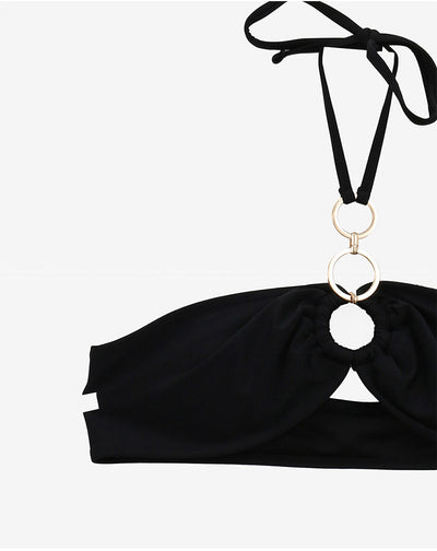 Black pure color bikini with a strapless tie-front bandeau top and matching T-back thong bottoms. - Image 36