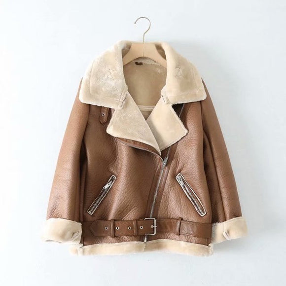 Chaqueta de Cuero Sintético Grueso con Forro de Borrego para Mujer