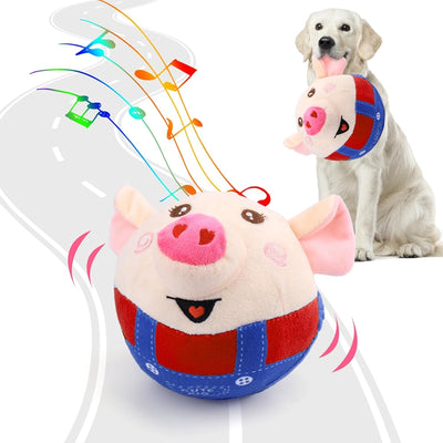 Plush piglet pet toy with a round beige head, pink ears and snout, and blue overalls. Features embroidered eyes and a smiling mouth. - Image 5