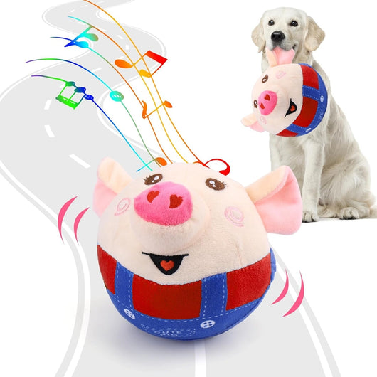 Plush piglet pet toy with a round beige head, pink ears and snout, and blue overalls. Features embroidered eyes and a smiling mouth. - Image 5