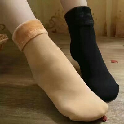 Pair of beige thermal tube socks with a plush lining, ideal for autumn and winter warmth.