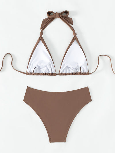 Solid olive green triangle halter bikini swimsuit for women, featuring a high-waisted bottom with ruched sides. - Image 17