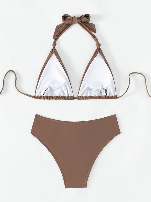 Solid olive green triangle halter bikini swimsuit for women, featuring a high-waisted bottom with ruched sides. - Image 17