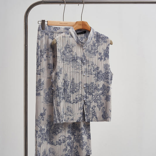 Conjunto Elegante Chaleco y Falda Estilo Chino con Tejido Jacquard Plisado