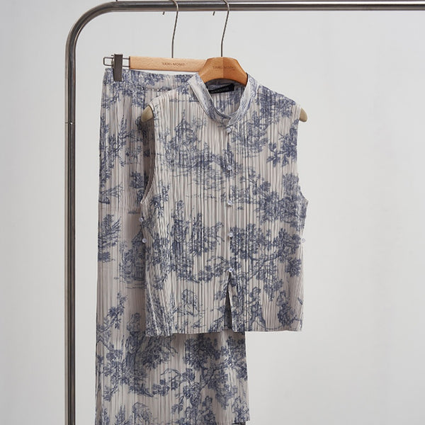 Conjunto Elegante Chaleco y Falda Estilo Chino con Tejido Jacquard Plisado
