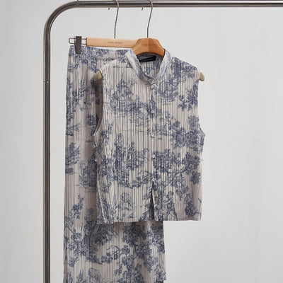 Conjunto Elegante Chaleco y Falda Estilo Chino con Tejido Jacquard Plisado