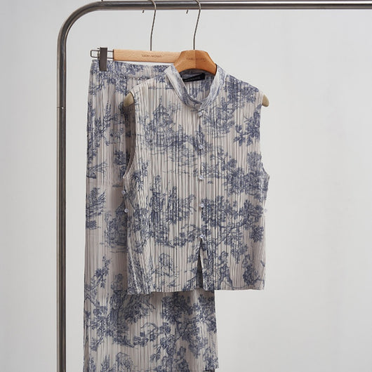 Conjunto Elegante Chaleco y Falda Estilo Chino con Tejido Jacquard Plisado