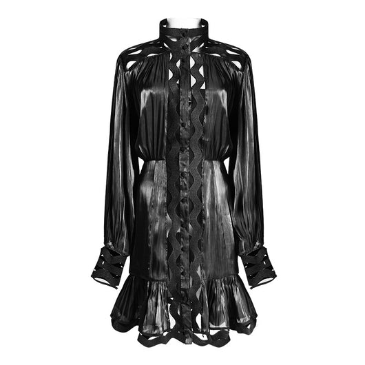 Vestido Camisero Coreano Hueco con Cuello Alto y Manga Larga - Image 4