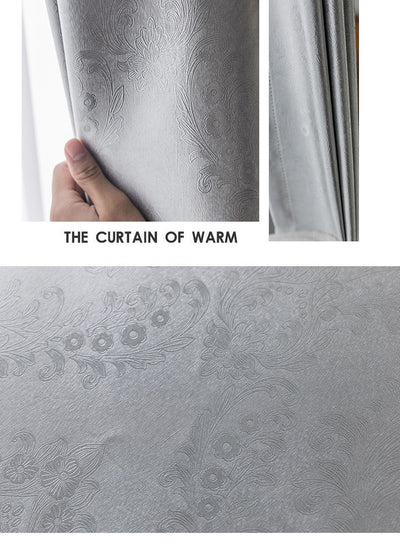 Brown thickened shading curtain with an electric carving floral texture, partially drawn in a bedroom setting. - Image 10